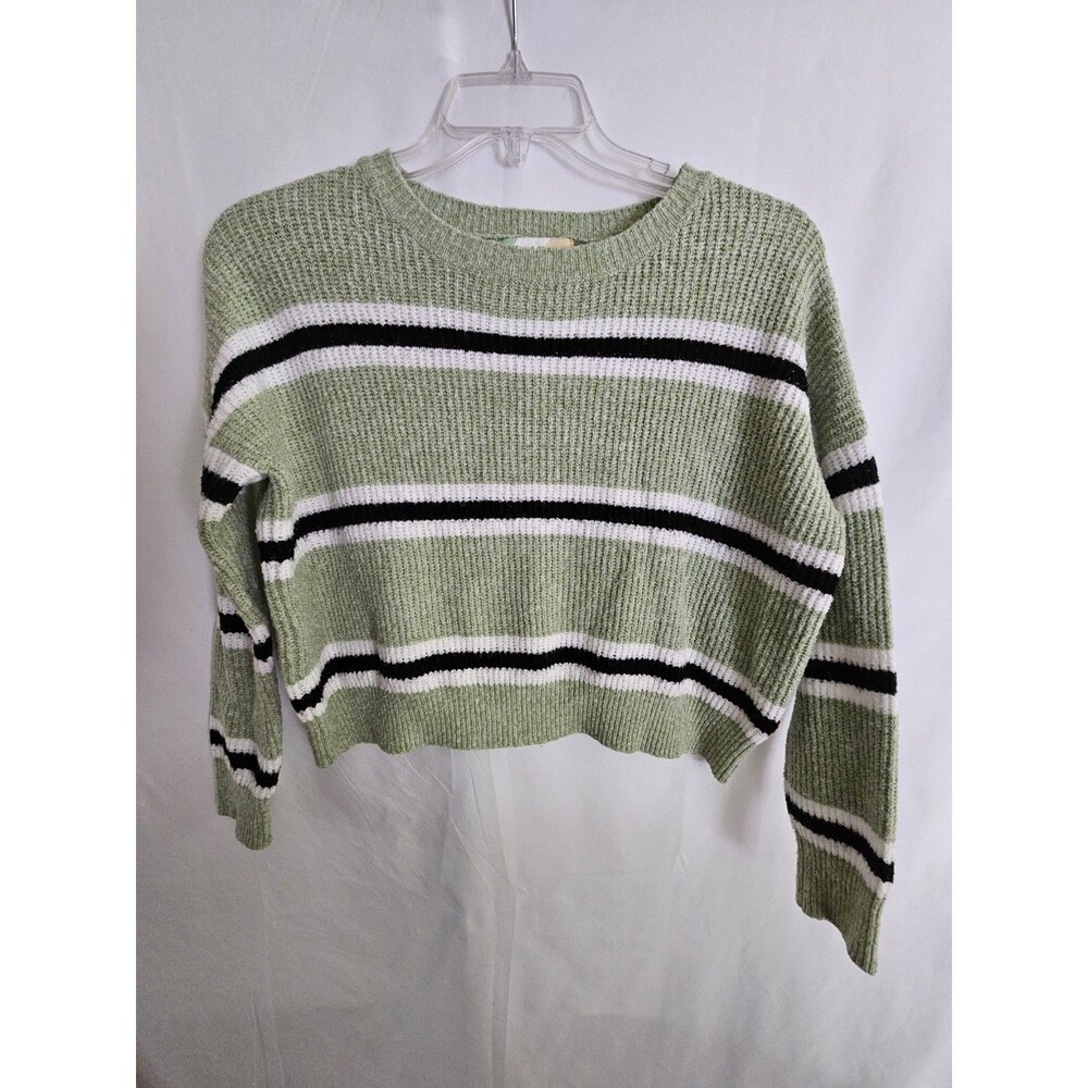 Hazel Moon Green Striped Cropped Knit Sweater Women’s Size Medium Long Sleeve